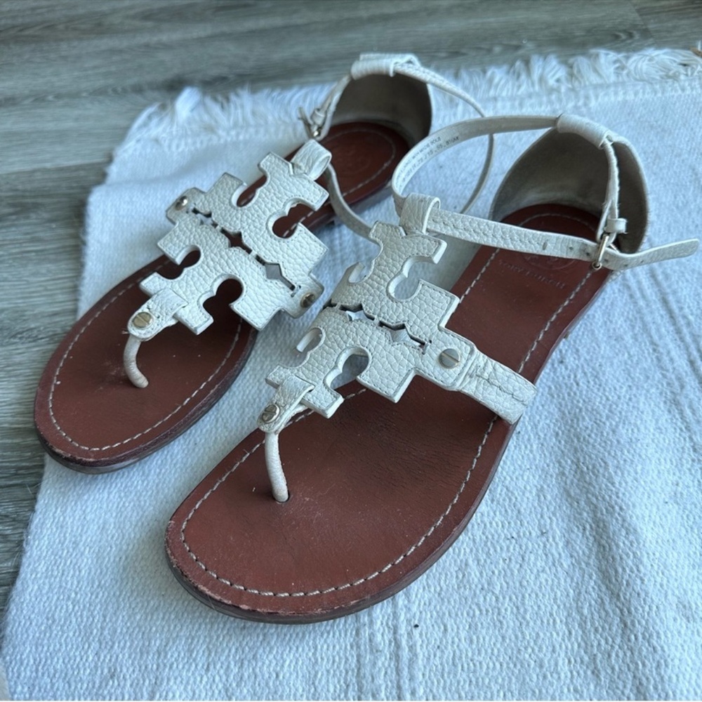 Tory Burch White Leather Phoebe Logo Sandals - Picture 2 of 6